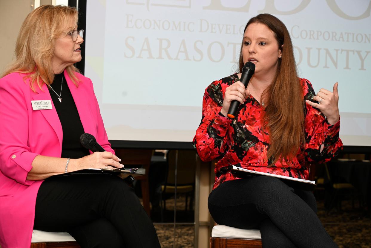Kathy Lehner, president & CEO of the Venice Area Chamber of Commerce, moderated a conversation with Erin Silk, president & CEO of the EDC of Sarasota County, Friday at South County Tiger Bay in Venice.