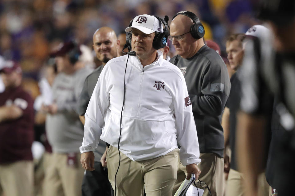 Texas A&M coach Jimbo Fisher walks along the sideline during the first half of the team's NCAA college football game against Texas A&M in Baton Rouge, La., Saturday, Nov. 30, 2019. LSU won 50-7. (AP Photo/Gerald Herbert)