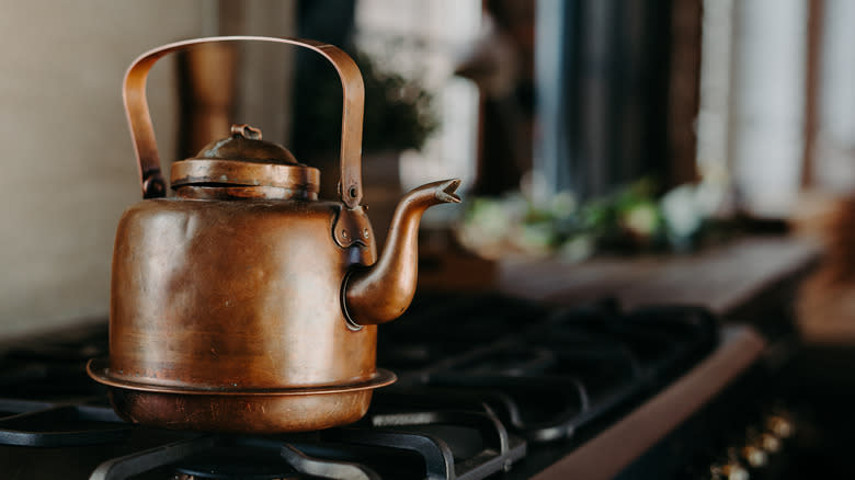 boiling copper kettle on stovetop