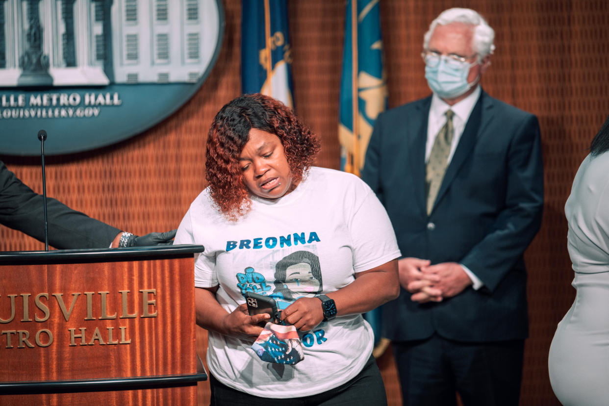 At Tuesday’s press conference in Louisville, Ky., Breonna Taylor’s mother, Tamika Palmer, said, “As significant as today is, it’s only the beginning of getting full justice for Breonna.” (Jon Cherry/Getty Images)