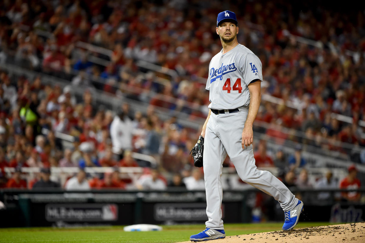 WASHINGTON, DC - OCTOBER 07: Rich Hill #44 of the Los Angeles Dodgers looks on against the Washington Nationals in Game Four of the National League Division Series at Nationals Park on October 7, 2019 in Washington, DC. (Photo by Will Newton/Getty Images)