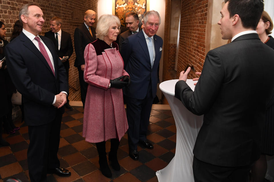 LONDON, ENGLAND - FEBRUARY 13: Prince Charles, Prince of Wales and Camilla, Duchess of Cornwall during a tour of the Cabinet Office on February 13, 2020 in London, England. Their Royal Highnesses toured the Cabinet Office building to recognise the work it undertakes on behalf of the government. The Cabinet Office supports the Prime Minister and ensure the effective running of government. It is also the corporate headquarters for government, in partnership with HM Treasury, and takes the lead in certain critical policy areas. (Photo by Daniel Leal Olivas - WPA Pool/Getty Images)