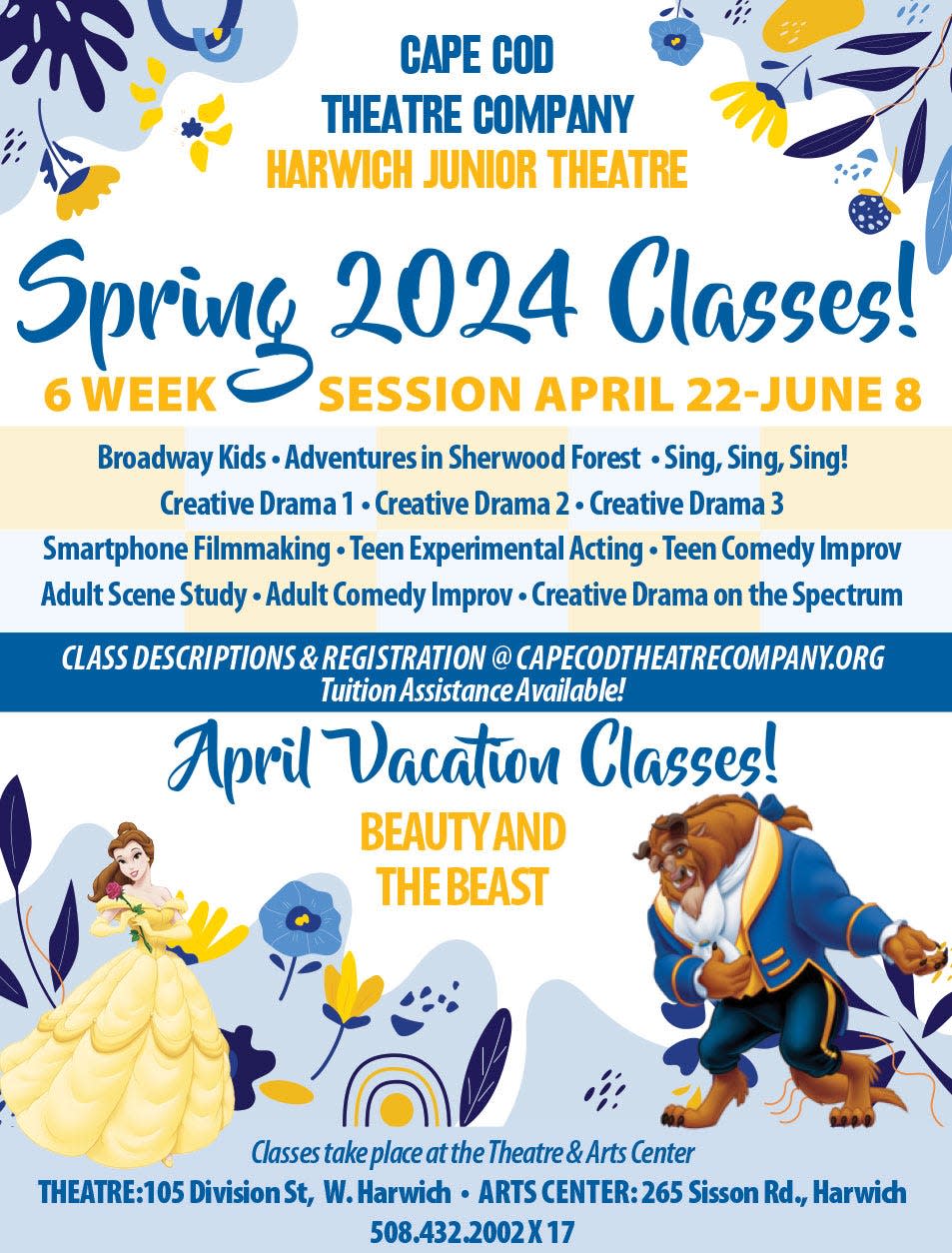 Poster for Spring Classes and April Vacation Class at the Harwich Jr Theatre.