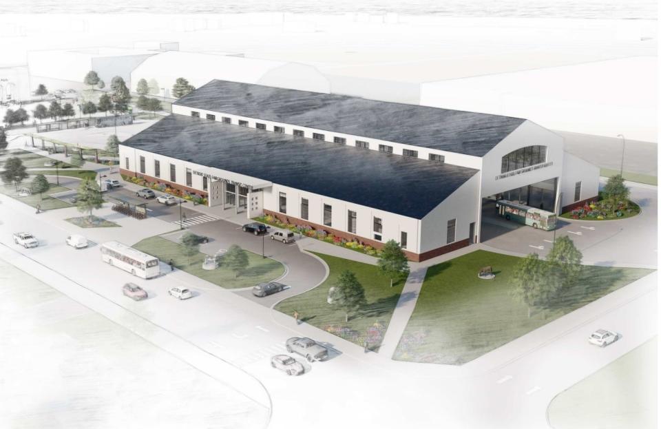 A conceptual image shows that Dairy Cattle Building at the old Michigan State Fairgrounds is repurposed as the heart of the proposed transit center.