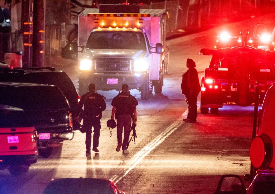 Law enforcement agencies work the scene of a shooting at the Gilroy Garlic Festival in northern California on July 29, 2019.