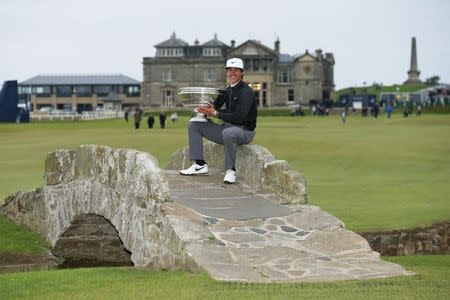 Golf - Alfred Dunhill Links Championship - St. Andrews, Scotland - 4/10/15 Denmark's Thorbjorn Olesen celebrates with the trophy after winning the Alfred Dunhill Links Championship Mandatory Credit: Action Images / Jason Cairnduff Livepic