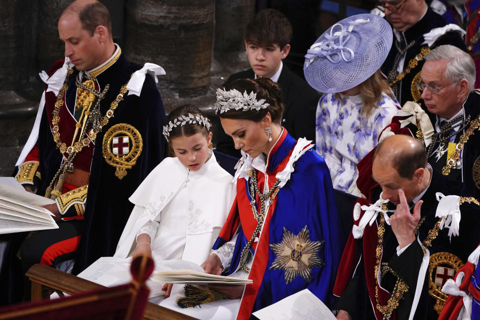From left, Prince William, Princess Charlotte, Kate, Princess of Wales, and Prince Edward at the coronation ceremony of King Charles III and Queen Camilla in Westminster Abbey, in Westminster Abbey, London, Saturday May 6, 2023. (Yui Mok, Pool via AP)