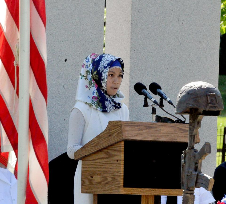 Wooster High School senior Nurain Amier deliverers the Gettysburg Address during a Memorial Day service in Wooster Monday.