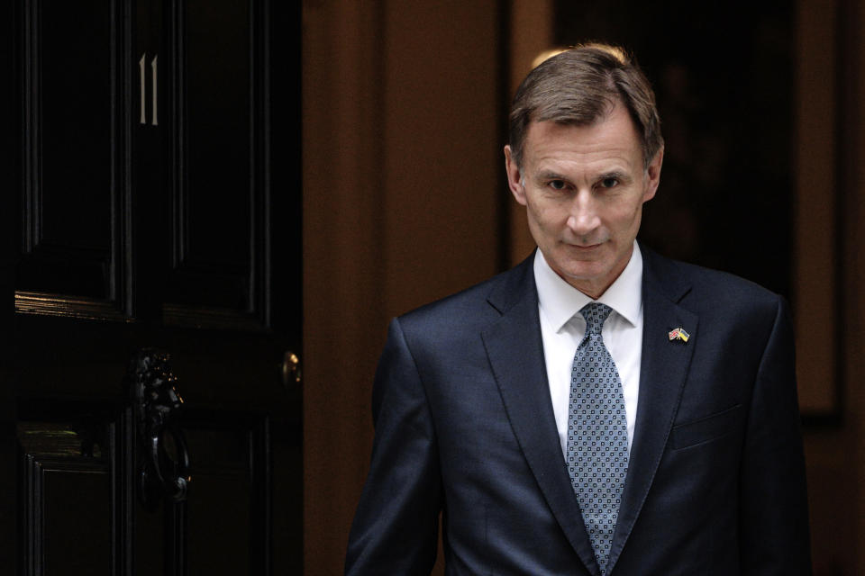 LONDON, ENGLAND - NOVEMBER 17: Chancellor of the Exchequer Jeremy Hunt departs Downing Street to present the Autumn Statement to the House of Commons on November 17, 2022 in London, England. The Chancellor hopes his fiscal plans will restore market confidence in the UK's economic outlook, as well as head off a cost-of-living crisis. (Photo by Rob Pinney/Getty Images)