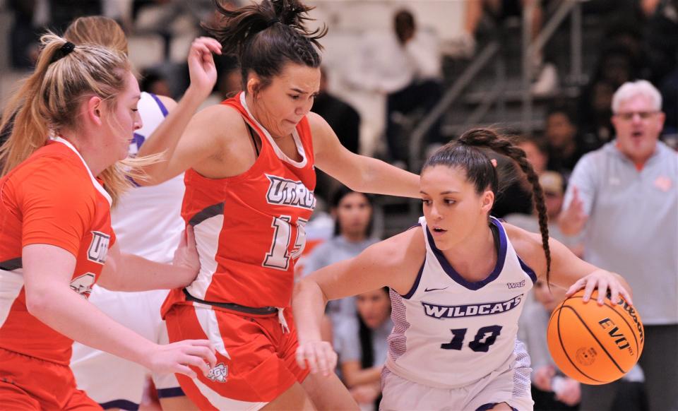 ACU's Taylor Morgan (10) tries to get around Texas-Rio Grande Valley's Maria Llorente, center, and KaCee Kyle.