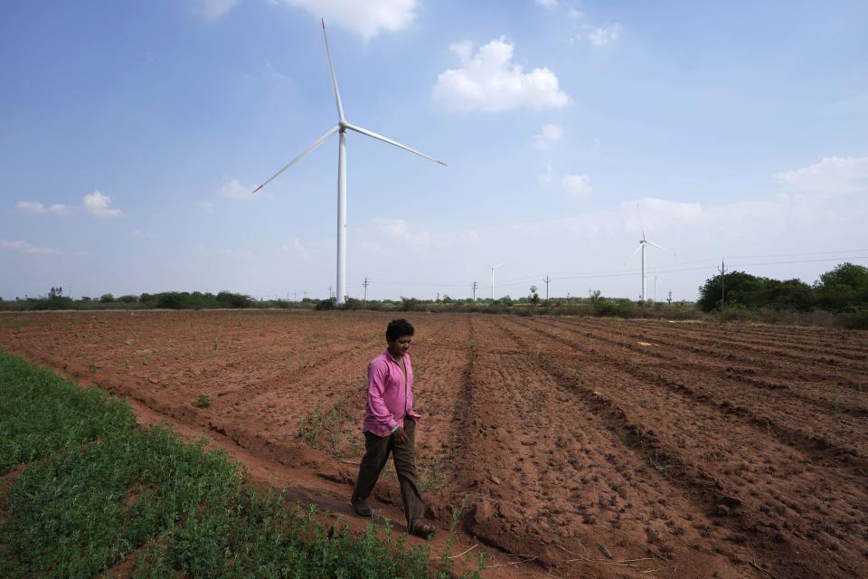 A boy walks on a field near wind turbines, part of an Adani Group project, near Sadla village in Surendranagar district of Gujarat state, India, Monday, March 20, 2023. (AP Photo/Ajit Solanki)