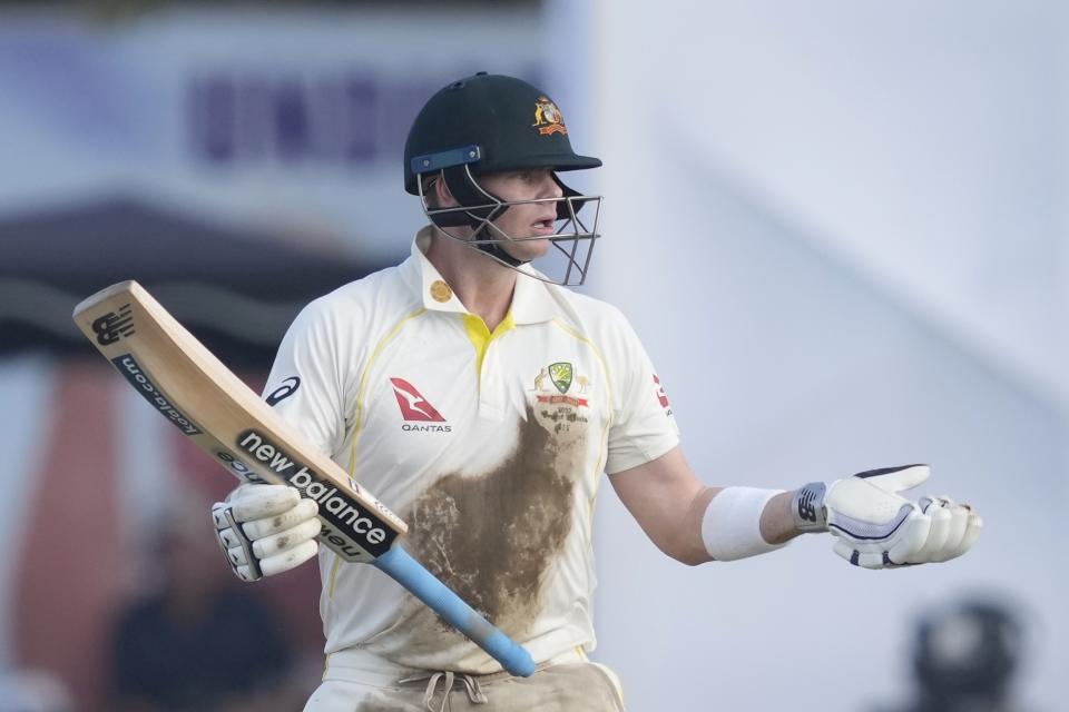 Australia's Steven Smith reacts after being dismissed during the day one of their first test cricket match with Sri Lanka in Galle, Sri Lanka, Wednesday, June 29, 2022. (AP Photo/Eranga Jayawardena)