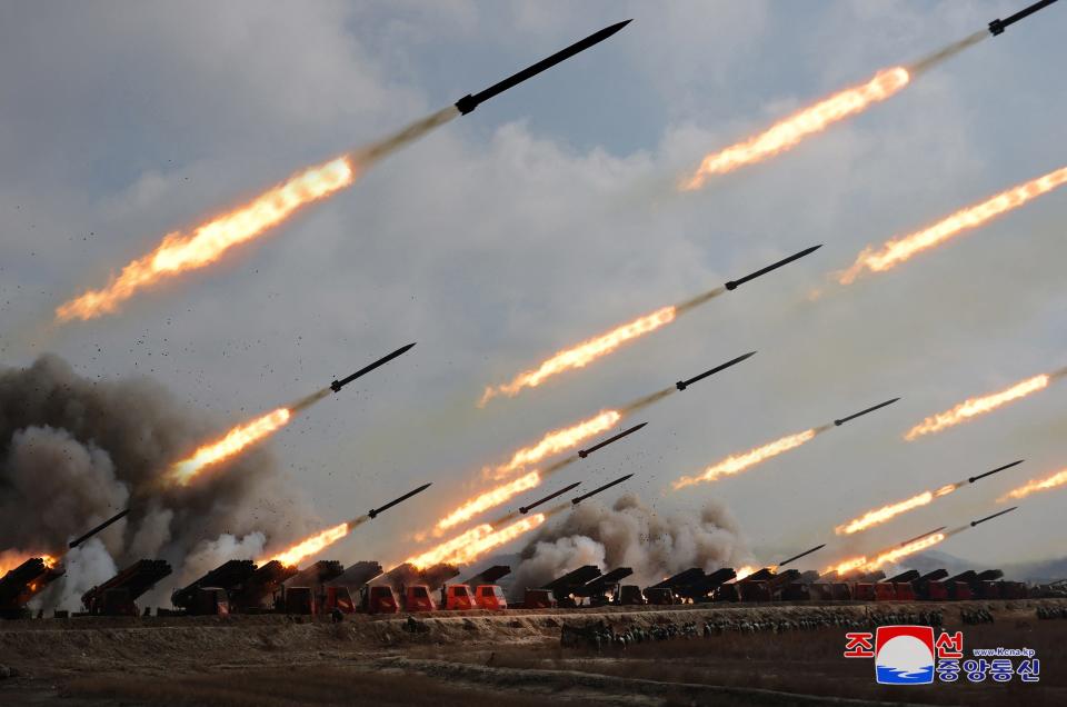 The Korean People's Army conducts an artillery firing drill.