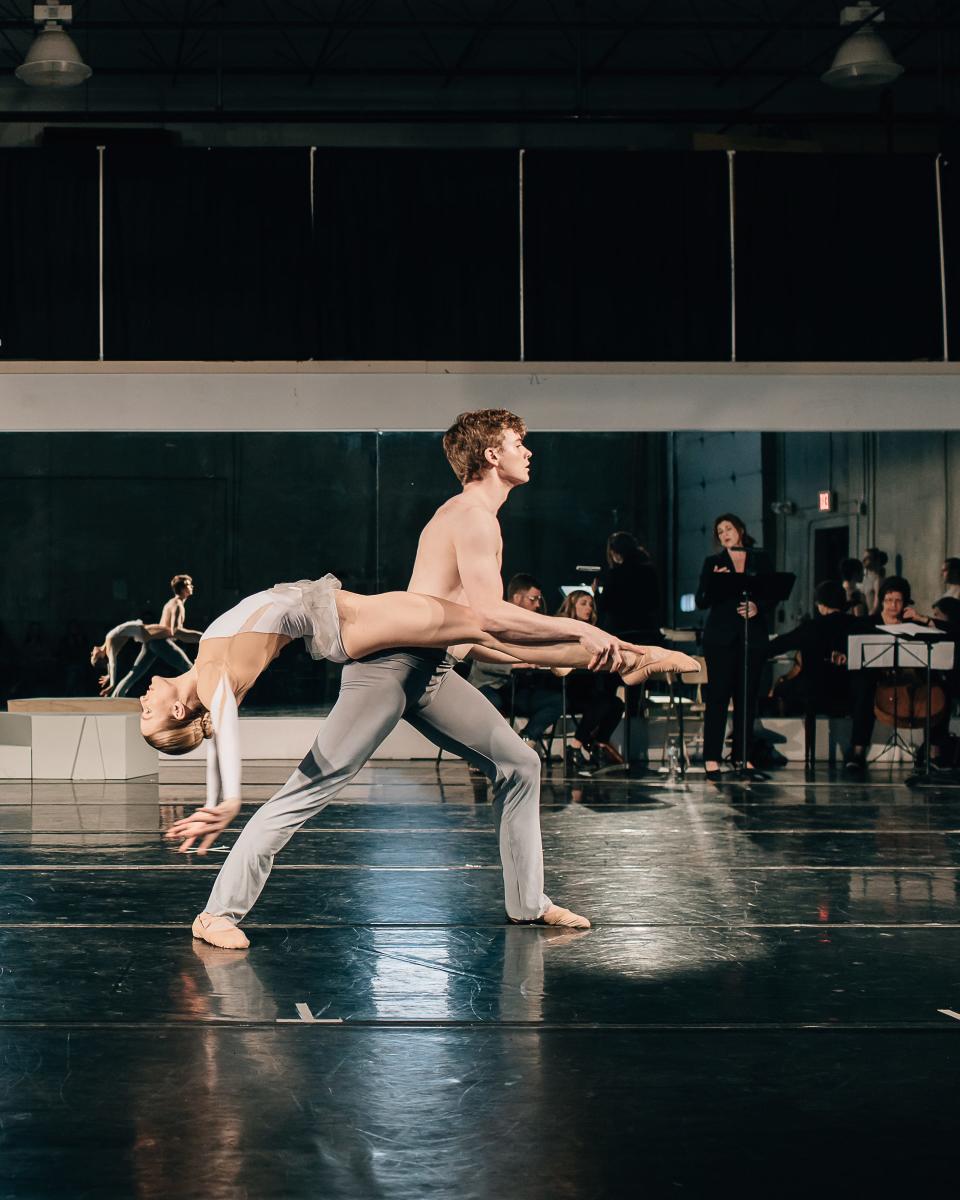 Dancers from Ballet Des Moines, shown here rehearsing "Of Gravity and Light," will honor Agnes de Mille.
