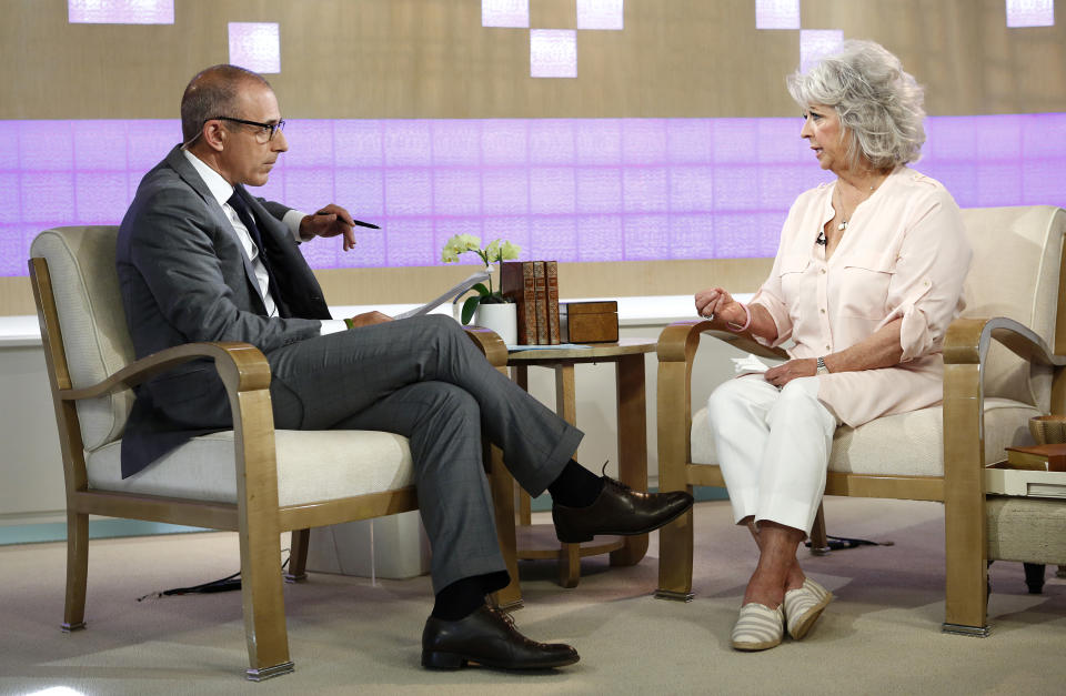 In this publicity image released by NBC, celebrity chef Paula Deen appears on NBC News' "Today" show, with host Matt Lauer, Wednesday, June 26, 2013 in New York. Deen dissolved into tears during a "Today" show interview Wednesday about her admission that she used a racial slur in the past. The celebrity chef, who had backed out of a "Today" interview last Friday, said she was not a racist and was heartbroken by the controversy that began with her own deposition in a lawsuit. Deen has been dropped by the Food Network and as a celebrity endorser by Smithfield Foods. (AP Photo/NBC, Peter Kramer)