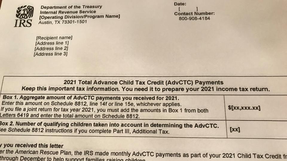 The IRS is sending a letter that has two boxes, including Box 1 that lists the total amount of money received for the advance child tax credit payments in 2021. A married couple who files a joint return will receive two letters, and needs to refer to them when completing a tax return.