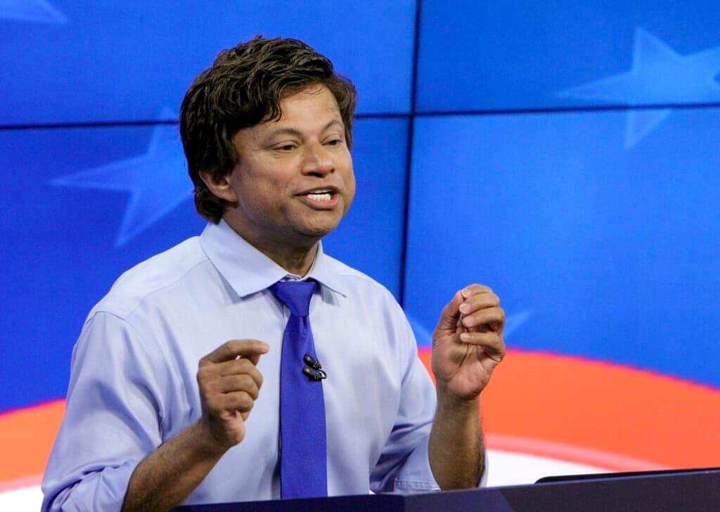 In this June 20, 2018, file photo, Michigan Democratic gubernatorial candidate Shri Thanedar gestures during a debate in Grand Rapids, Mich. (Michael Buck/Wood-TV8 via AP, POOL, File)