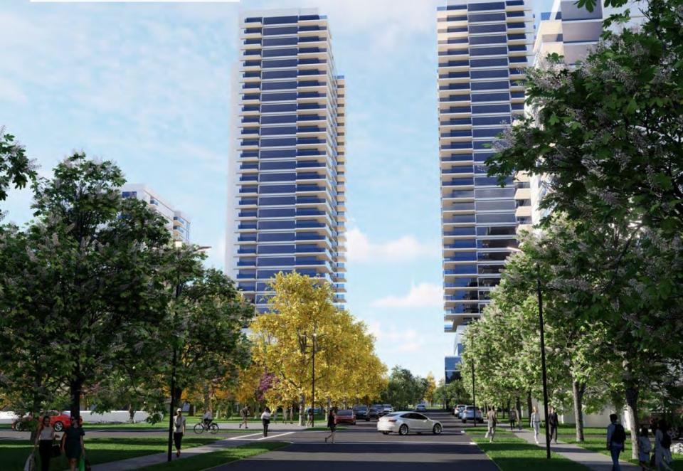 A rendering of the Bedford Commons proposal shows the view of large 33-storey towers from the urban square