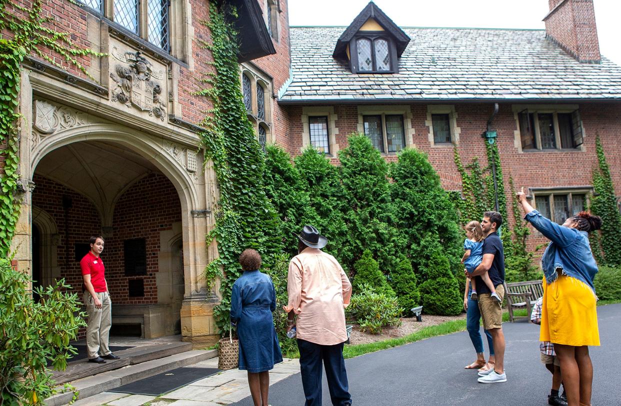 Guests wait to enter Stan Hywet Hall and Gardens in Akron.