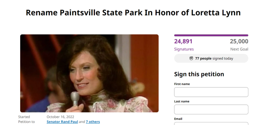 Fans of Loretta Lynn have launched a Change.org petition, seen here in a screenshot Jan. 5, to encourage Kentucky officials to rename a state park after the country music icon, who died in 2022.