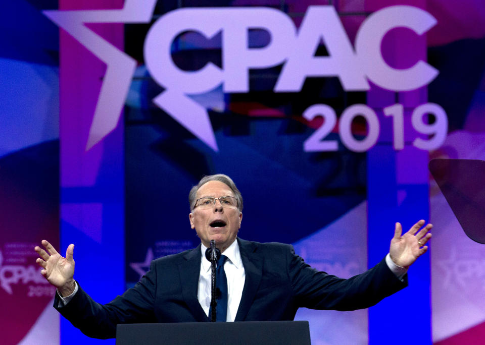 FILE - In this March 2, 2019, file photo, National Rifle Association Executive Vice President and CEO Wayne LaPierre speaks at Conservative Political Action Conference, CPAC 2019, in Oxon Hill, Md. The NRA sued San Francisco on Monday, Sept. 9, 2019, over the city's recent declaration that the gun-rights lobby is a "domestic terrorist organization." (AP Photo/Jose Luis Magana, File)