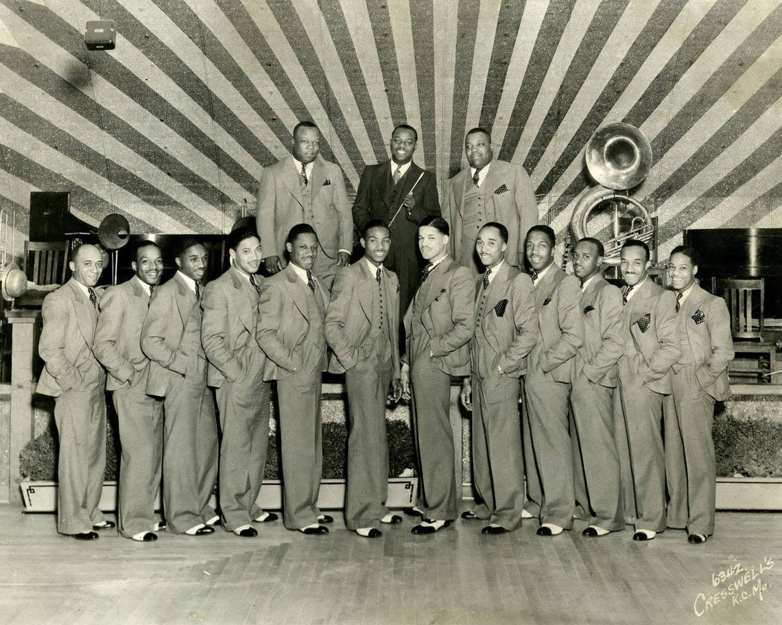 Bennie Moten, one of Kansas City’s jazz greats, played regularly at Fairyland Park. Here he is, top row center, with his orchestra at Fairyland’s outdoor pavilion in about 1931.