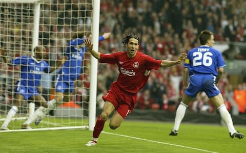 Luis Garcia celebrates scoring his famous 'ghost goal' against Chelsea - Credit: pa