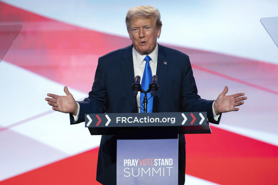 Former President Donald Trump speaks during the Pray Vote Stand Summit, Friday, Sept. 15, 2023, in Washington. (AP Photo/Jose Luis Magana)