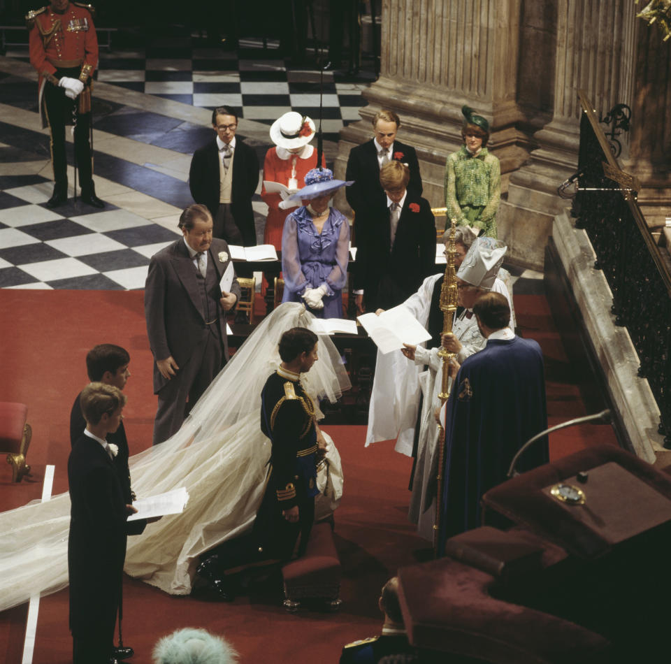 Fellowes (in red) supported her sister at the 1981 royal wedding. (Photo: Keystone/Hulton Archive/Getty Images)