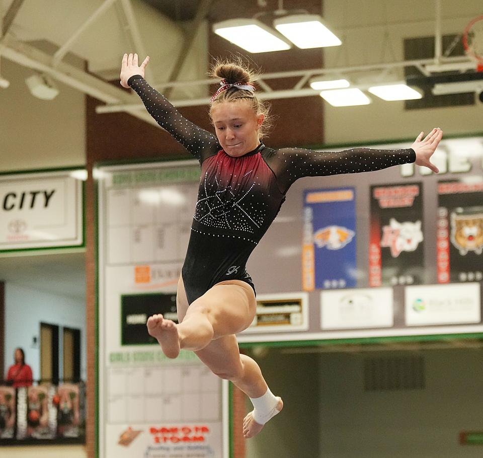 Estelline-Hendricks' Sadie Johnson competes on the balance beam during the Class A individual events and all-around championship at the State High School Gymnastics Championhips on Saturday, Feb. 10, 2024 at Pierre High School.