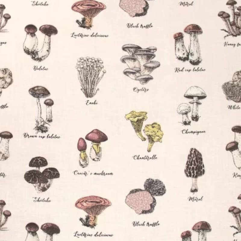 Types On Mushrooms Tan Novelty Cotton Fabric