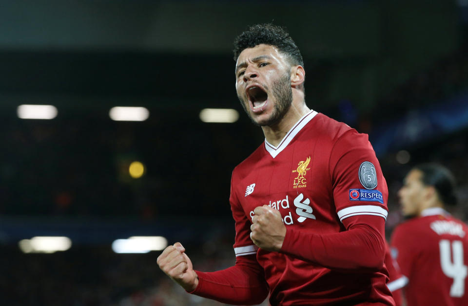 <p>Soccer Football – Champions League Quarter Final First Leg – Liverpool vs Manchester City – Anfield, Liverpool, Britain – April 4, 2018 Liverpool’s Alex Oxlade-Chamberlain celebrates scoring their second goal REUTERS/Andrew Yates </p>