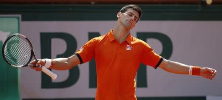 Novak Djokovic of Serbia reacts during his men's final match against Stan Wawrinka of Switzerland at the French Open tennis tournament at the Roland Garros stadium in Paris, France, June 7, 2015. REUTERS/Vincent Kessler