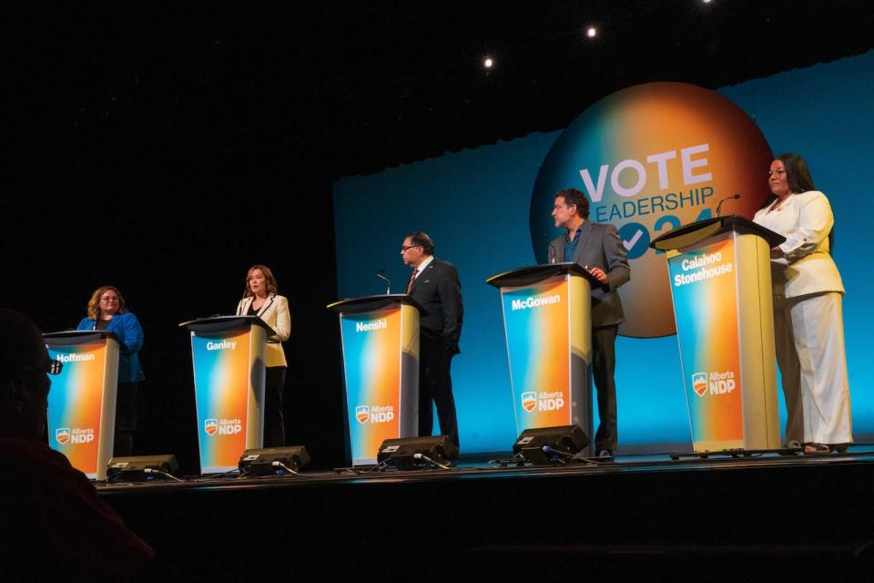 Alberta NDP leadership candidates, from left, Sarah Hoffman, Kathleen Ganley, Naheed Nenshi, Gil McGowan and Jodi Calahoo Stonehouse take part in the party's first leaders' debate in Lethbridge on April 25.