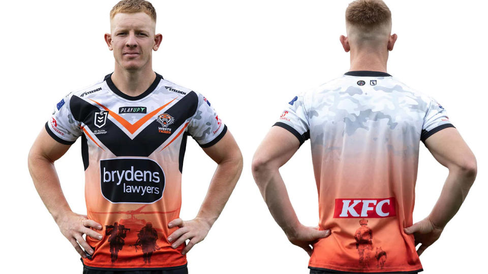 The Wests Tigers' commemorative jersey, pictured here with American soldiers on the front.