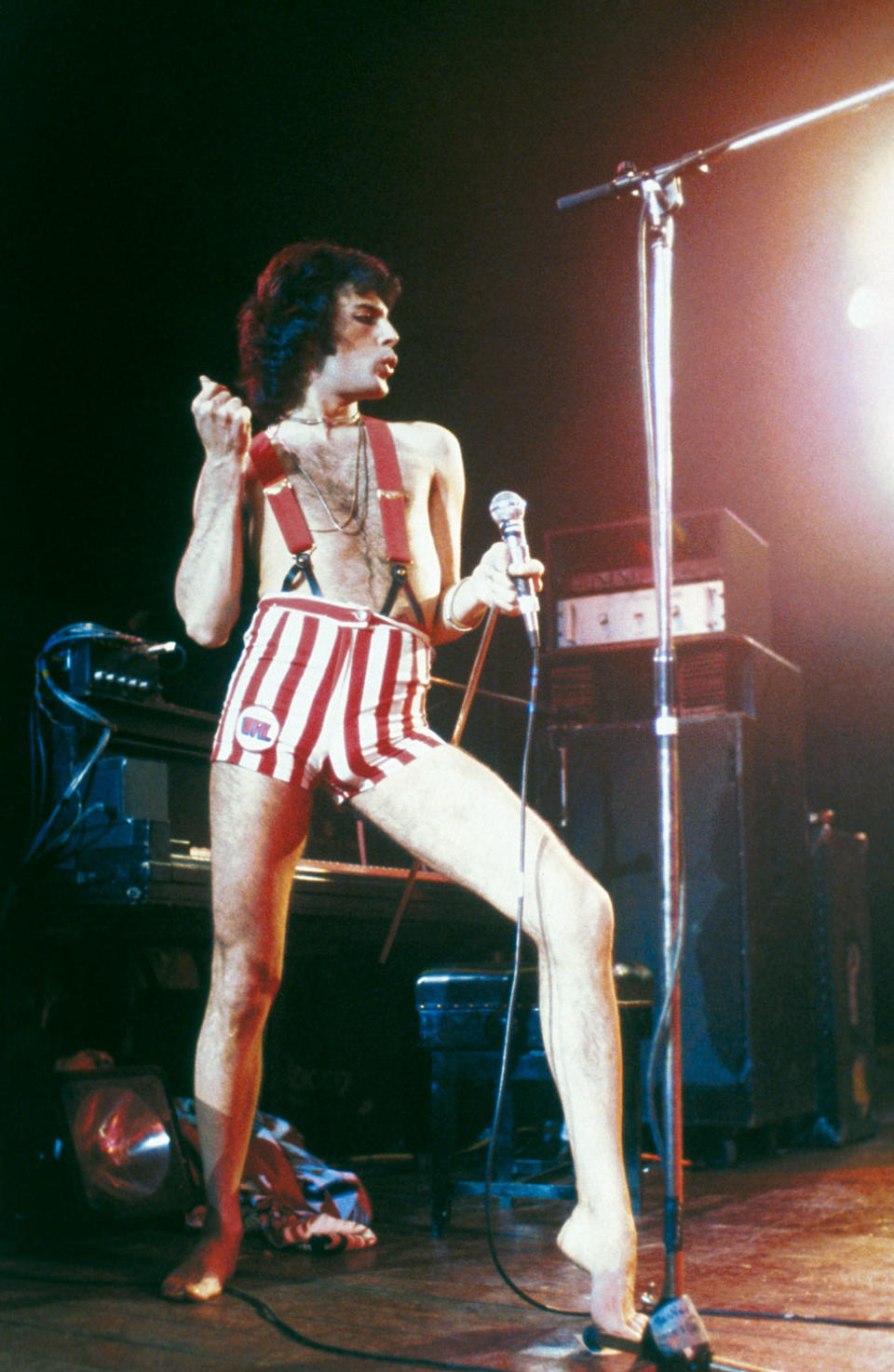 Freddie Mercury on stage at Madison Square Garden in New York City in February 1977