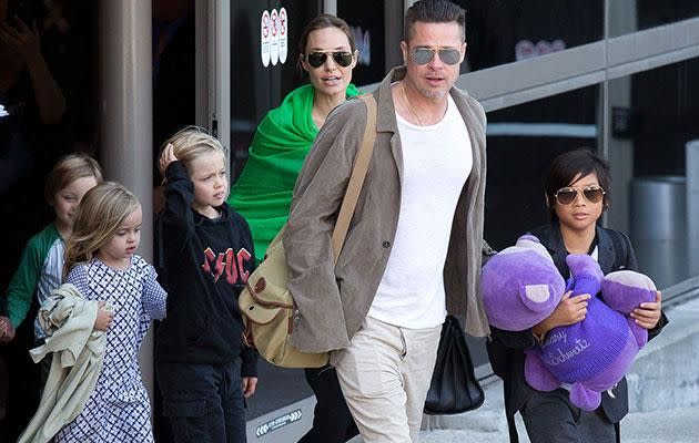 Brad and Ange with their kids, Pax Jolie-Pitt, Shiloh Jolie-Pitt, Vivienne Jolie-Pitt and Knox Jolie-Pitt. Source: Getty