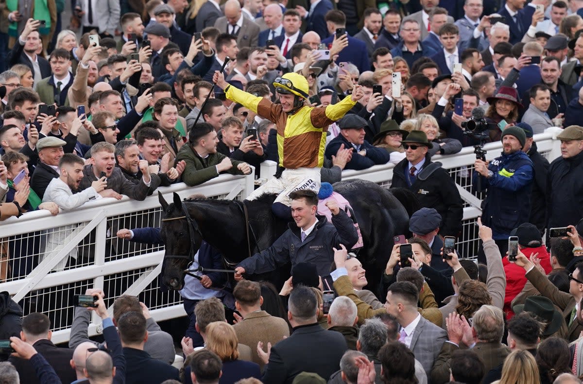 Paul Townend celebrates aboard Galopin Des Champs after winning the Cheltenham Gold Cup on Friday (Joe Giddens/PA Wire)