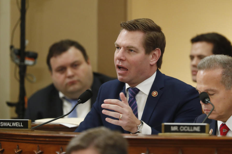 Rep. Eric Swalwell, D-Calf., speaks during a House Judiciary Committee markup of the articles of impeachment against President Donald Trump, Thursday, Dec. 12, 2019, on Capitol Hill in Washington. (AP Photo/Andrew Harnik)