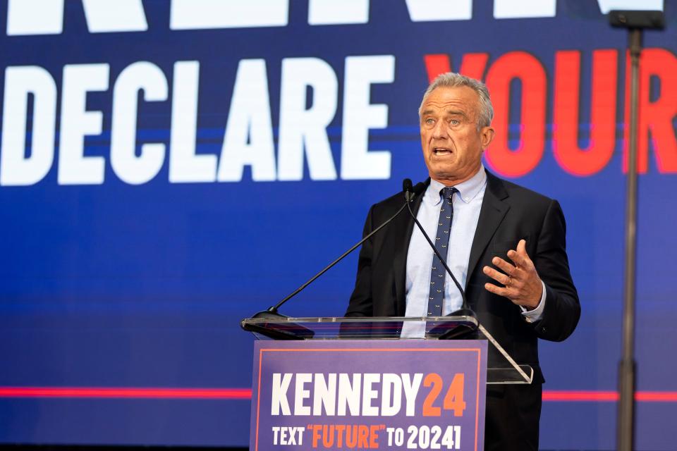 Presidential candidate Robert F. Kennedy Jr announces his Vice President representative during a rally at the Henry J. Kaiser Center for the Arts in Oakland, Calif. on Tuesday Mar 26, 2024 in Oakland, California.