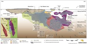 Figure 1: Composites long section from Agnico Eagle’s April 29, 2021 press release showing exploration highlights on the East Gouldie deposit.