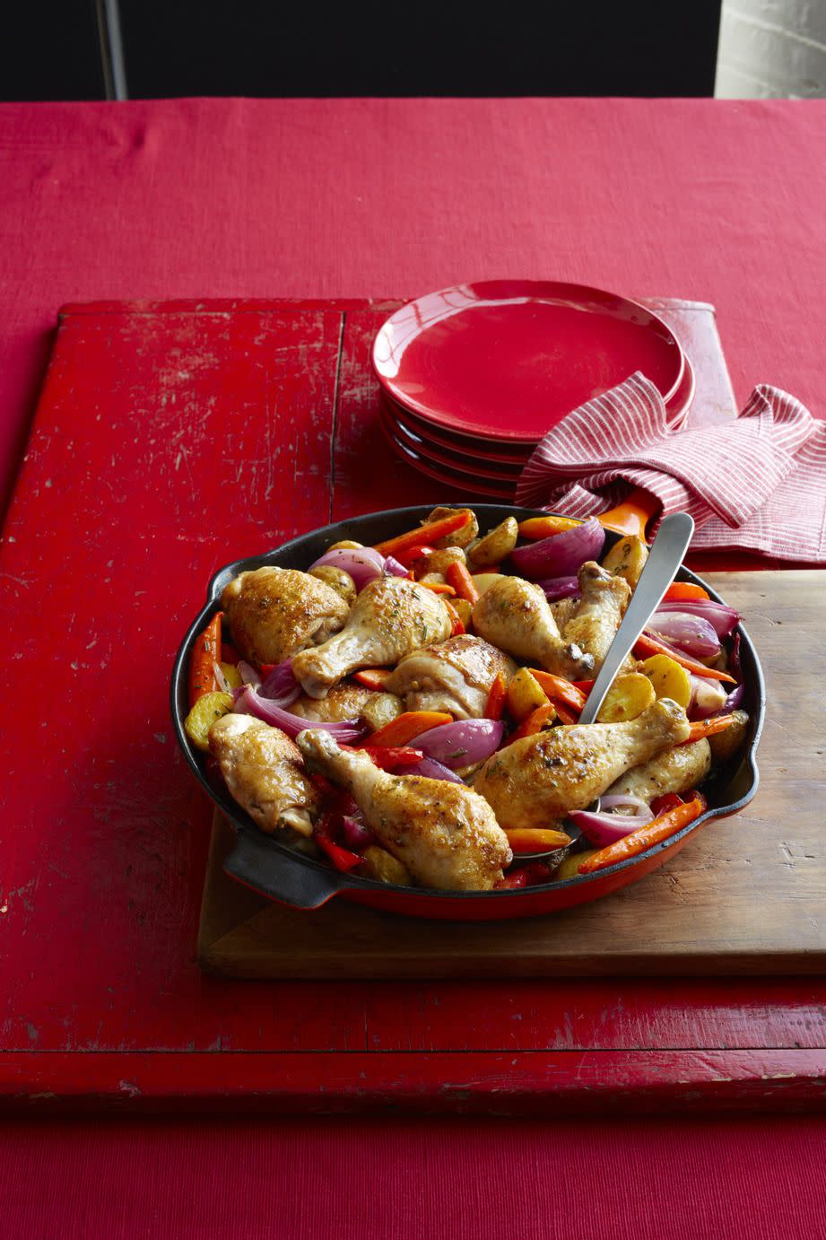 38) Skillet-Roasted Chicken, Potatoes, and Peppers