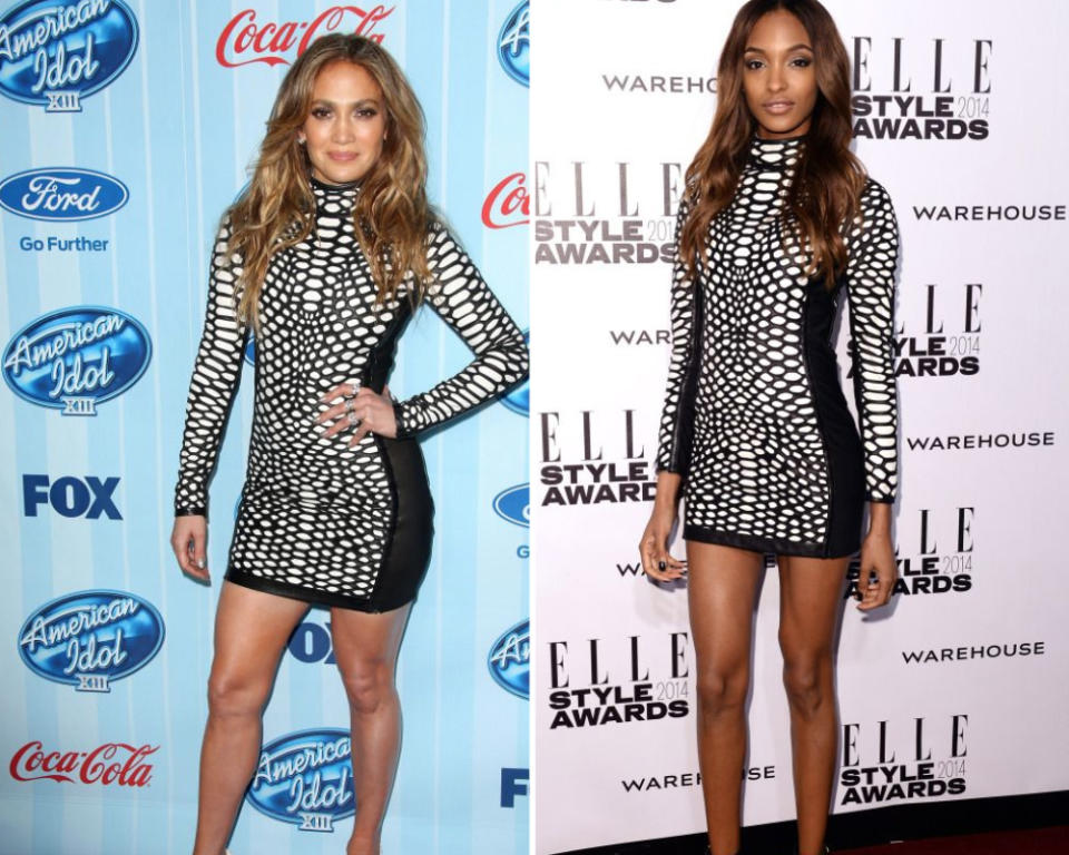 <p>Jourdan Dunn trug dieses figurbetonte Kleid von Tom Ford nur einen Monat nachdem sich Jennifer bei „American Idol“ zuerst damit gezeigt hatte. [Bild: Rex] </p>