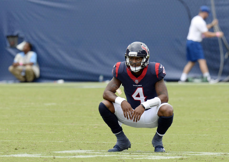 Houston Texans quarterback Deshaun Watson pauses on the field after time ran out in the fourth quarter and the Texans' final drive ended in an NFL football game against the Tennessee Titans Sunday, Sept. 16, 2018, in Nashville, Tenn. The Titans won 20-17. (AP Photo/Mark Zaleski)