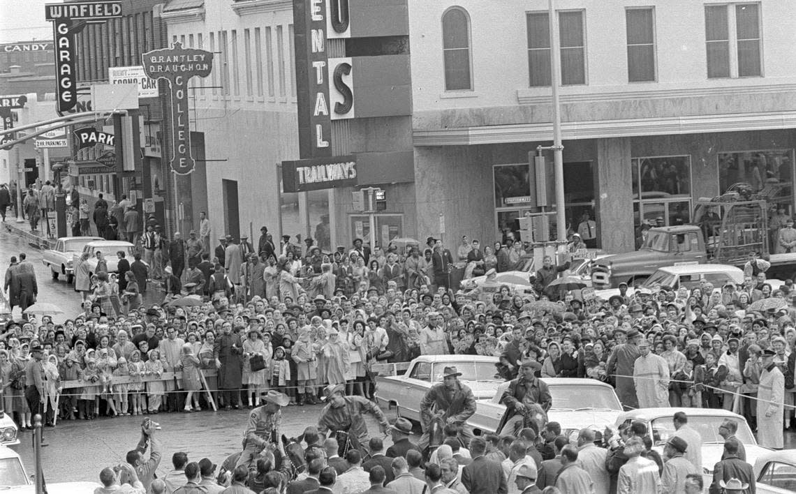 Crowd gathered outside Hotel Texas, now the Hilton, to hear John F. Kennedy speak, 11/22/1963