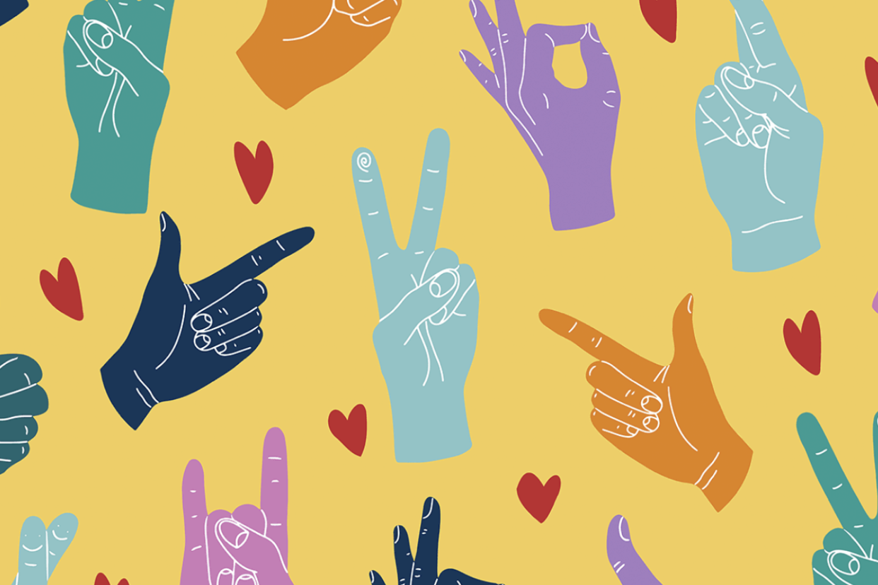 Alt text: Cartoon hands displaying sign language symbols on colorful background.
