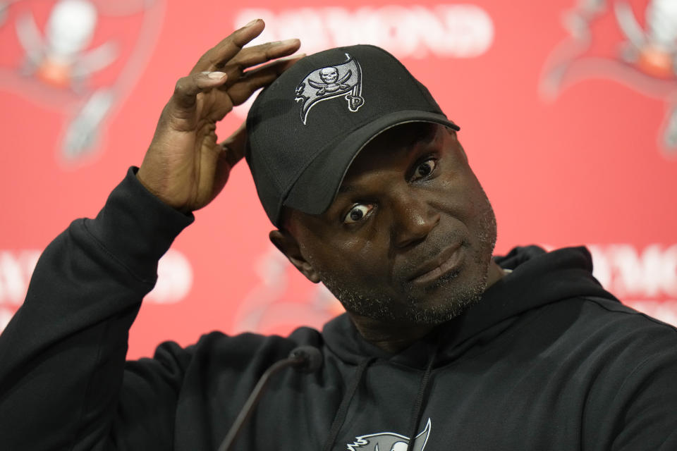 Tampa Bay Buccaneers head coach Todd Bowles answers question during a press conference after an NFL football game against the Jacksonville Jaguars Sunday, Dec. 24, 2023, in Tampa, Fla. (AP Photo/Chris O'Meara)