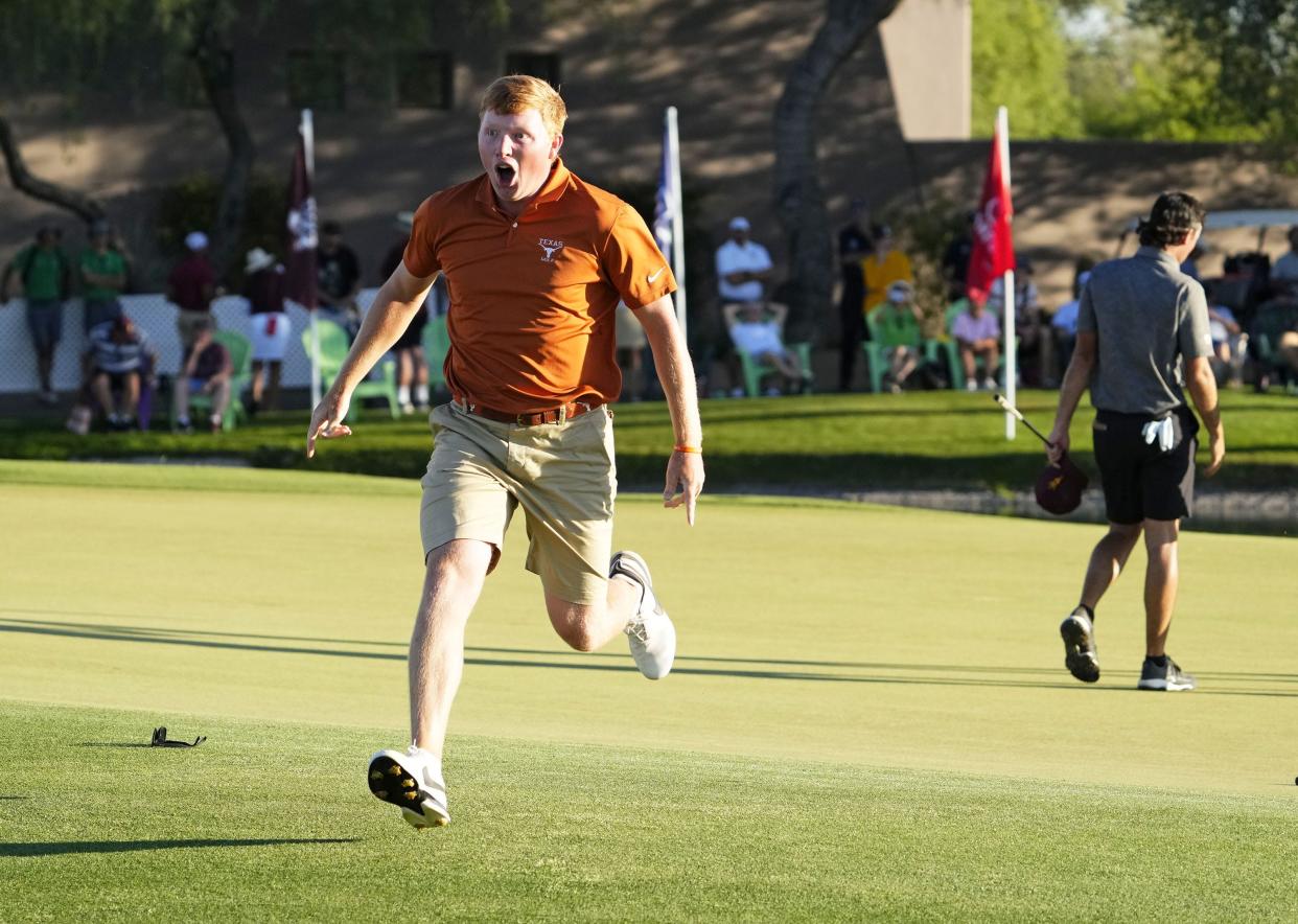 Texas' Travis Vick runs to his teammates after defeating Arizona State's Cameron Sisk 1-up to win his match and clinch the NCAA Men's Golf Championship on June 1. Vick will play in this week's U.S. Open