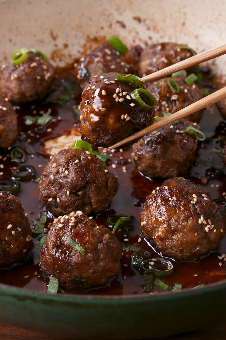 <p>Skip the takeout and create your own version as a meatball.</p><p>Get the recipe from <a href="https://www.delish.com/cooking/recipe-ideas/recipes/a58552/general-tso-meatballs-recipe/" rel="nofollow noopener" target="_blank" data-ylk="slk:Delish;elm:context_link;itc:0;sec:content-canvas" class="link ">Delish</a>.</p>