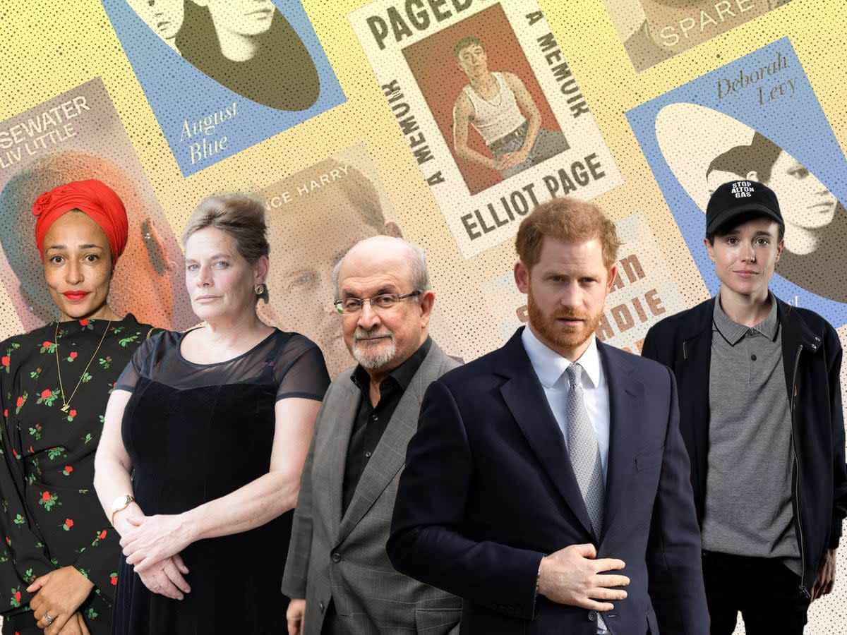 Zadie Smith, Deborah Levy, Salman Rushdie, Prince Harry and Elliot Page will all release books in 2023 (Getty/The Independent)